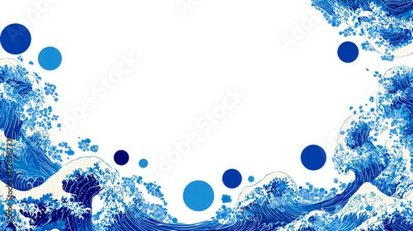 Fototapeta Blue and white background, vector illustration of ocean waves with bubbles on the sides