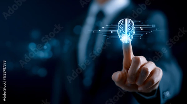 Fototapeta Businessman touching a digital screen with an AI icon and a human head