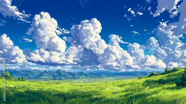 Fototapeta In the foreground is a grassy field, with white clouds in the blue sky