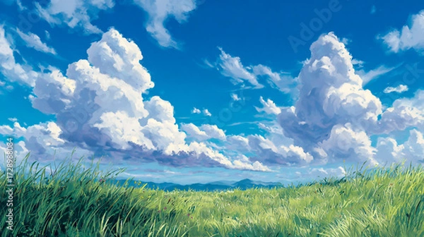 Fototapeta In the foreground is a grassy field, with white clouds in the blue sky