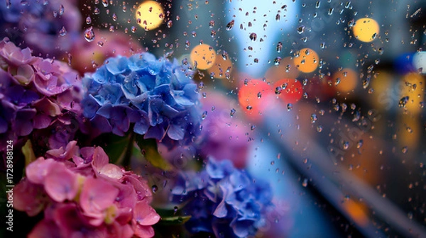 Fototapeta Raindrops on a window, city street view, hydrangeas in the foreground