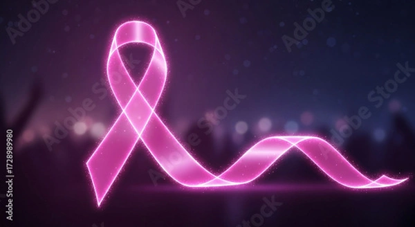 Obraz Glowing pink ribbon symbolizing breast cancer awareness and hope against a blurred background of a city at night