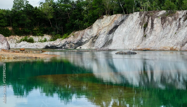 Fototapeta Abandoned quarry pond with green turquoise water.
