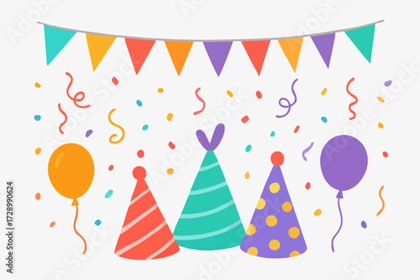 Fototapeta Birthday party illustration with colorful hats, garland, and confetti.