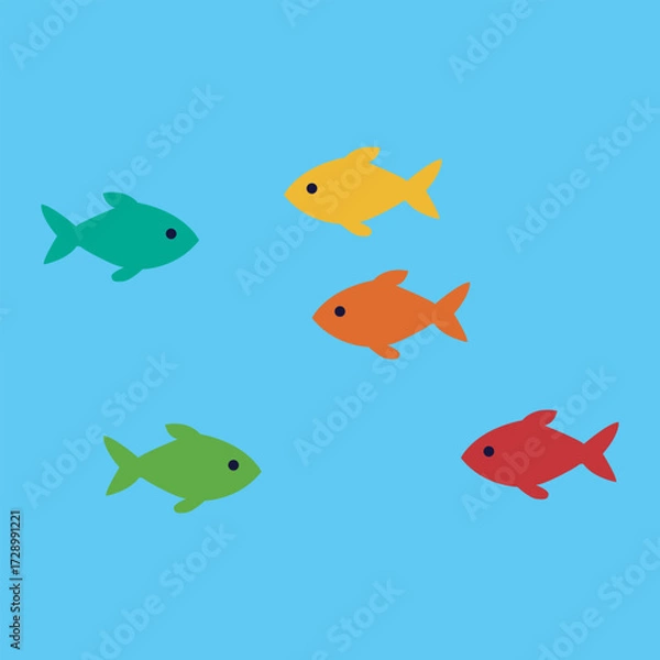 Fototapeta Colourful school of fish. Flat colorful fish on blue tile, aquatic pattern, playful design.