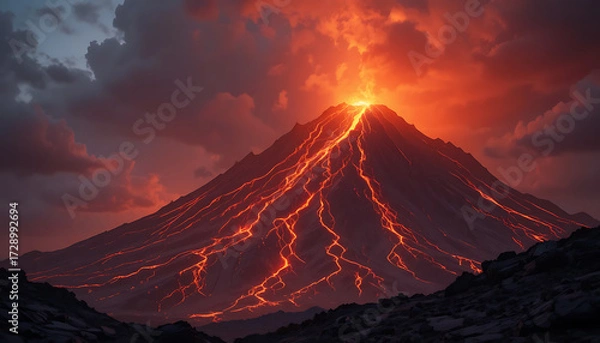 Fototapeta Erupting volcano with glowing lava at night