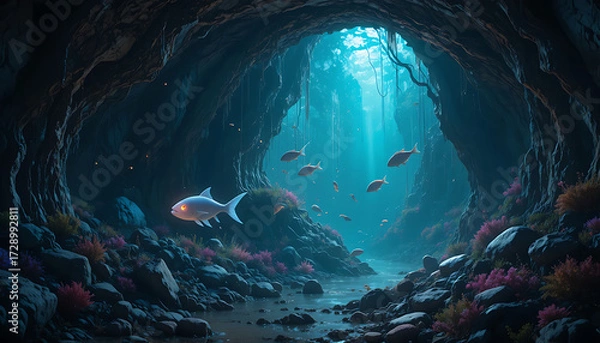 Fototapeta Underwater cave with tropical fish and glowing light