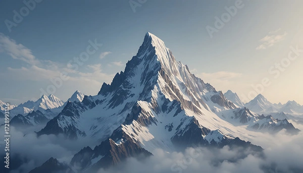 Fototapeta Majestic snowy mountain peak with clouds