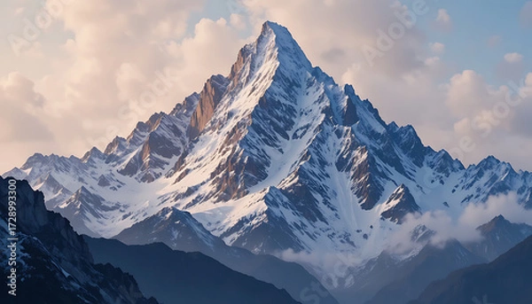 Fototapeta Sunlit mountain peak with soft clouds