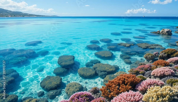 Fototapeta Shallow reef with corals in transparent ocean