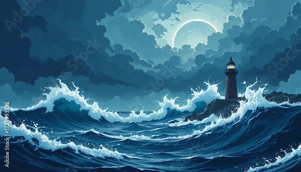 Fototapeta Stormy sea with towering waves and lighthouse