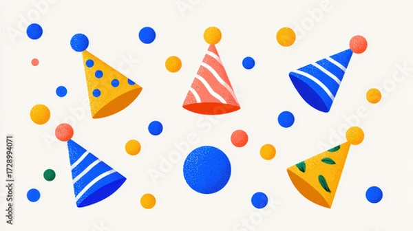 Fototapeta Joyful, festive party background illustration with colorful cone hat and confetti. This celebration design perfect for birthday, holiday or any fun special event
