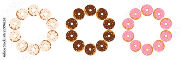 Fototapeta Vector illustration of sweet donut wreaths with sprinkles in different colors. Decorative dessert circle design for poster, sticker, menu, celebration, holiday.