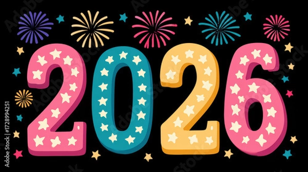 Fototapeta Happy New Year 2026 celebration with festive colorful fireworks and stars. cheerful greeting card design for holiday season on dark background banner