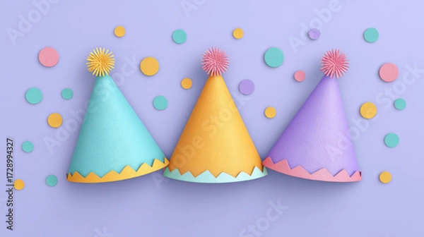 Fototapeta Happy top view flat lay of colorful pastel party hat for birthday celebration. Joyful confetti decoration on minimal purple background for fun festive event