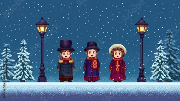 Fototapeta Joyful group of pixel art children singing Christmas carol in snowy winter scene at night. This festive gathering happens under glowing street lamp with cold, snowy tree background