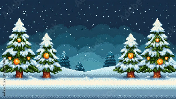 Fototapeta Festive pixel art winter landscape background showing snowy Christmas night scene. Decorated fir tree stands in peaceful forest during beautiful snowfall