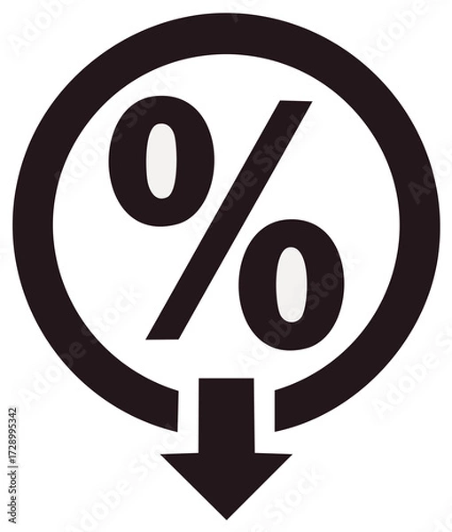 Fototapeta Black Percentage Symbol with Downward Arrow, Indicating Discount or Decreasing Rate, Isolated Financial Sign