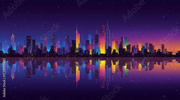 Fototapeta Vibrant cityscape at night with futuristic urban skyline. Colorful building light and beautiful reflection on water create magical atmosphere