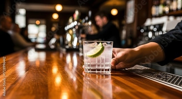 Fototapeta Bartender serving a refreshing cocktail with lime on a polished wooden bar in a lively pub
