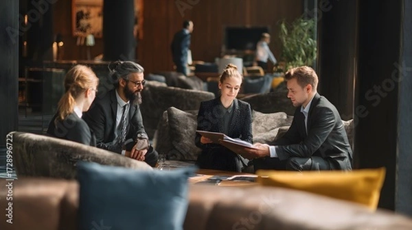 Fototapeta Business professionals discussing project in hotel lounge 
