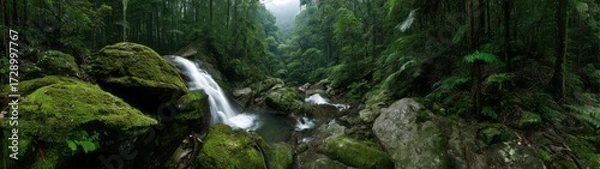 Fototapeta Lush rainforest waterfall hdri panoramic scene tranquil nature vibrant environment serene viewpoint