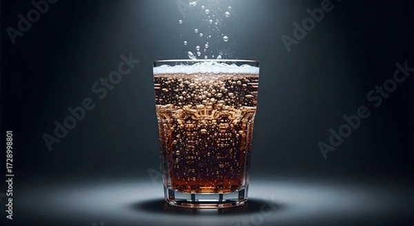 Fototapeta A refreshing glass of fizzy cola with bubbles rising, set against a dark background, showcasing its effervescence