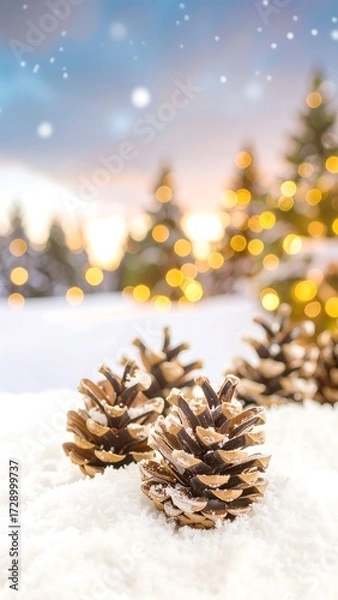 Fototapeta Winter pine cones in snow