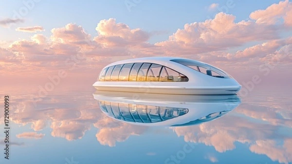 Fototapeta A sleek water capsule glides over a calm ocean at golden hour, showcasing its innovative design for future transport