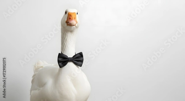 Fototapeta Elegant white goose wearing a black bow tie, posing confidently against a minimalistic backdrop
