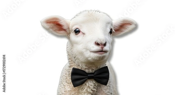 Fototapeta A charming lamb wearing a black bow tie, exuding a playful yet elegant demeanor against a plain background