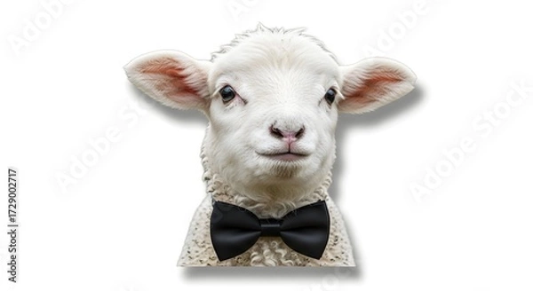 Fototapeta A charming lamb wearing a formal black bow tie, posing against a clean white background, ideal for whimsical designs