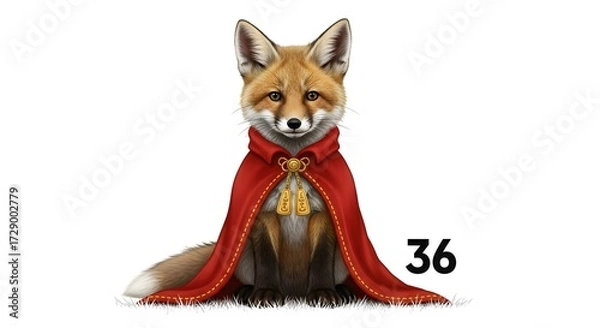 Fototapeta A regal fox wearing a red cloak, seated elegantly, with a subtle number displayed in the corner