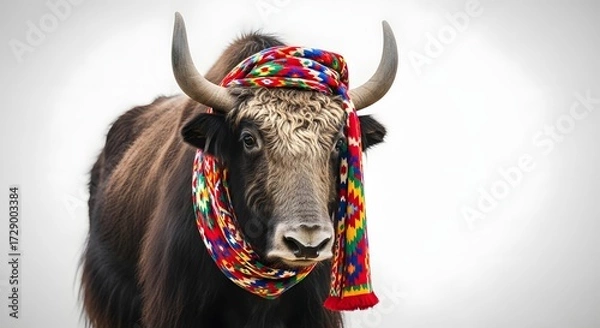 Fototapeta Yak adorned with a colorful scarf, standing against a soft gradient background, showcasing cultural attire