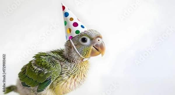 Fototapeta A playful parrot wearing a colorful party hat, celebrating a joyful occasion against a bright background