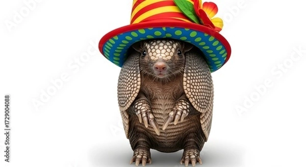 Fototapeta A whimsical armadillo wearing a colorful party hat, standing against a plain white background