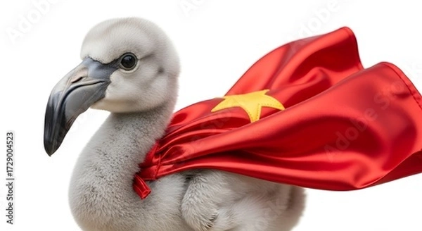 Fototapeta Young bird wearing a red superhero cape with a star, set against a plain background, symbolizing bravery
