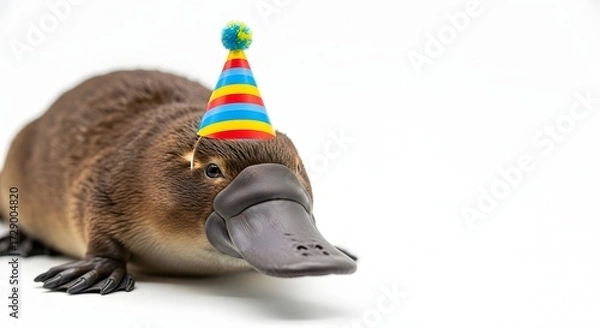 Fototapeta A playful platypus wearing a colorful party hat, celebrating in a bright, cheerful environment