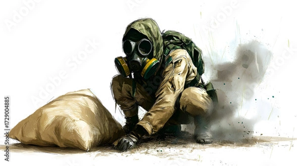 Fototapeta Person In Protective Suit Handling Disaster Materials