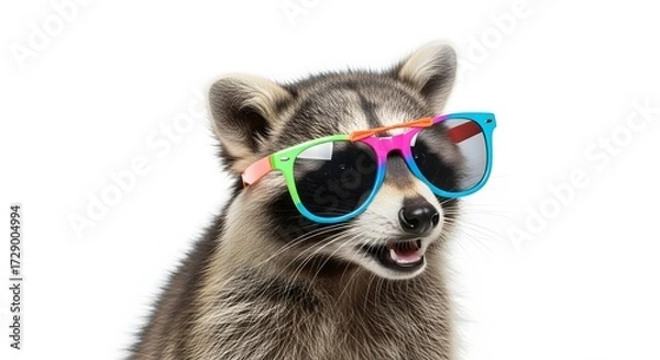Fototapeta Playful raccoon wearing colorful sunglasses, posing against a white background, showcasing its charm