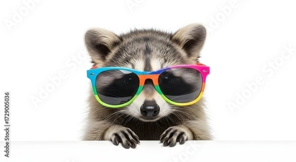 Fototapeta A playful raccoon wearing colorful sunglasses, peeking over a white surface, exuding charm and fun
