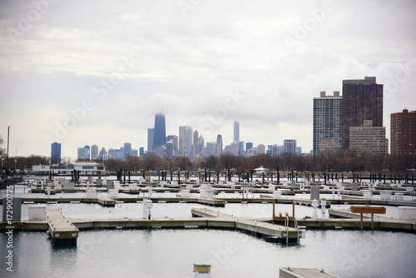 Obraz Chicago view in the fall from empty privet parking for boats