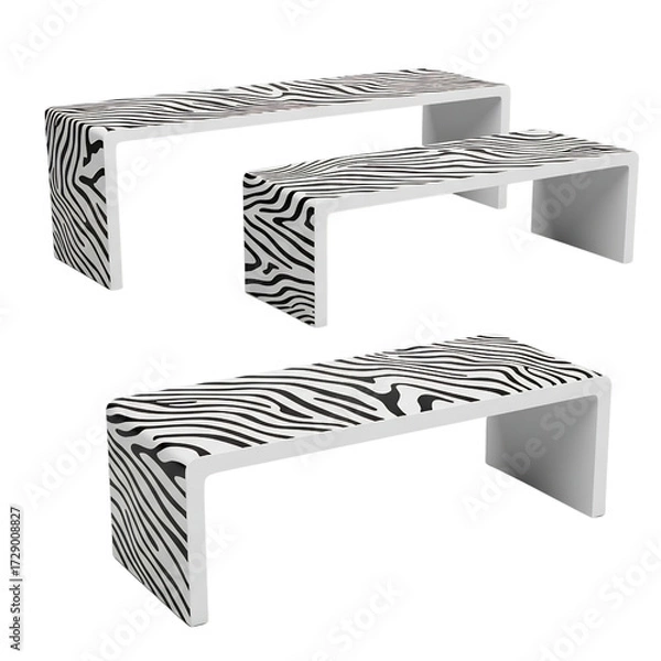 Fototapeta Three modern white benches with zebra print pattern isolated on transparent background
