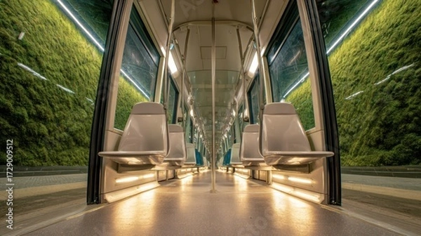 Fototapeta Futuristic tram interior featuring floating seats and a calming moss wall for an innovative urban transit experience