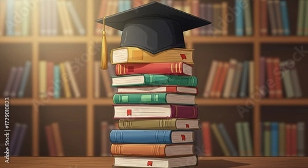 Fototapeta A stack of colorful academic books topped with a black graduation cap, set against a blurred background of library bookshelves, symbolizing education and achievement.
