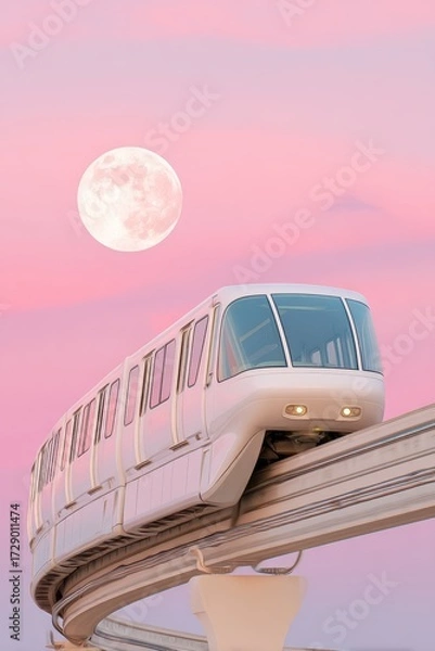 Fototapeta Futuristic monorail train gliding effortlessly on elevated tracks at sunset with a full moon backdrop