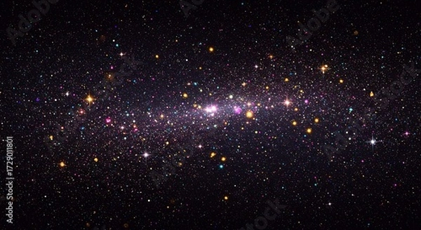 Fototapeta A vibrant, wide-screen digital illustration of a dense galaxy or starfield with colorful, sparkling stars against the blackness of deep space.