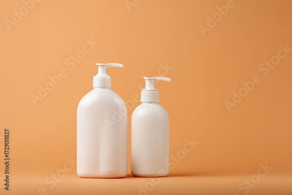 Fototapeta cosmetic bottles with black pumps are displayed against a peach background, creating a minimalist and clean aesthetic