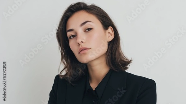 Fototapeta Confident woman in a black blazer looking directly at the camera with a serious expression
