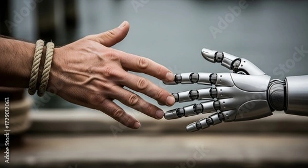 Fototapeta Human and robotic hand reaching out to each other at a serene waterfront, symbolizing connection and technology